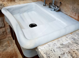 Antique reclaimed farmhouse trough sink hand carved back in the 16th century refurbished to accomodate any modern setting and application from a powder room to a BBQ preparation sink.